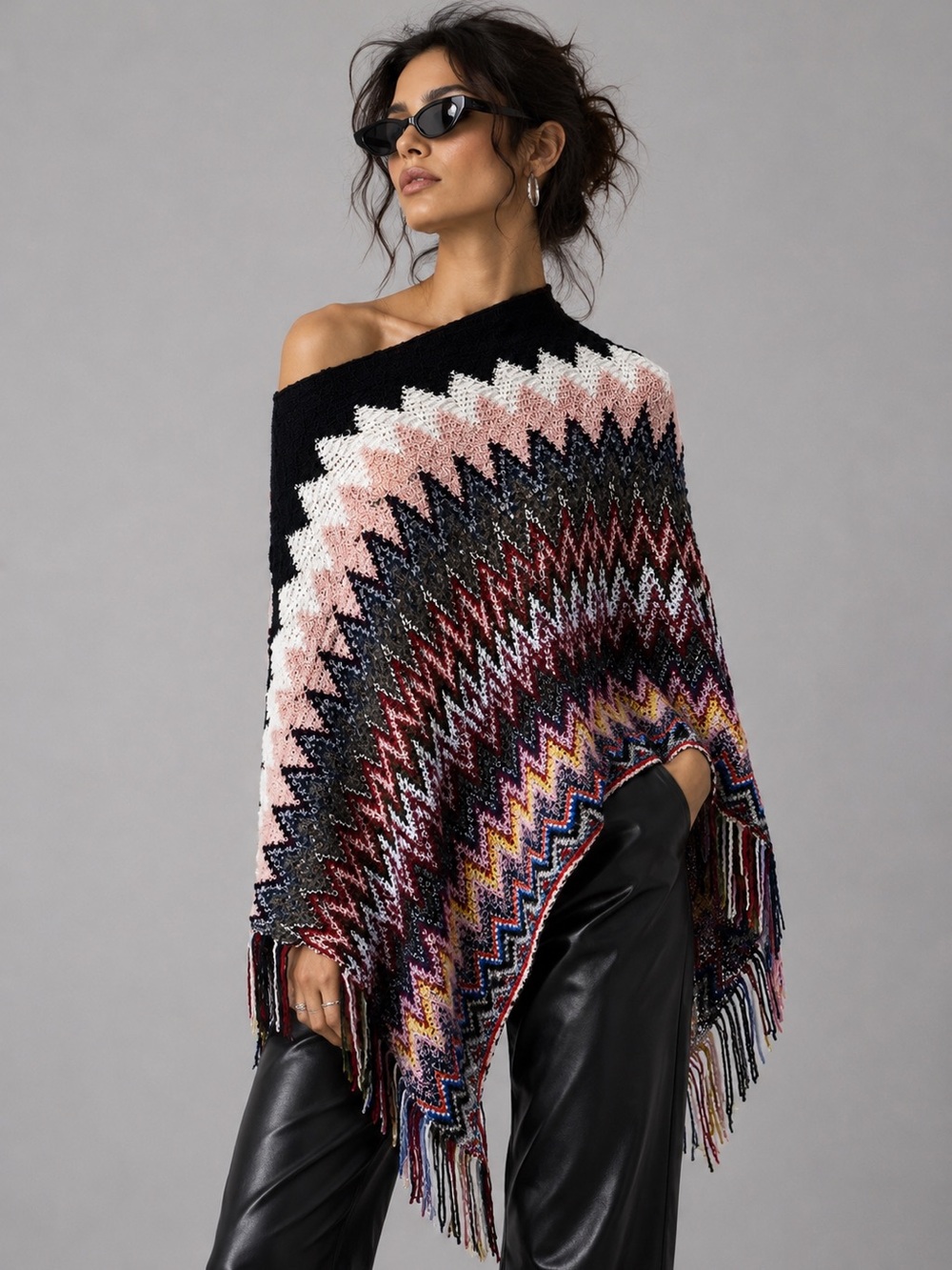 Boutique Boho Zigzag Knit Poncho Shawl Wrap Fringe Colorful Cozy Statement Piece